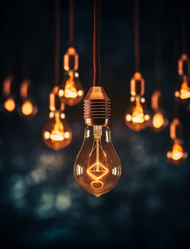 A creative arrangement of light bulbs against a dark background.