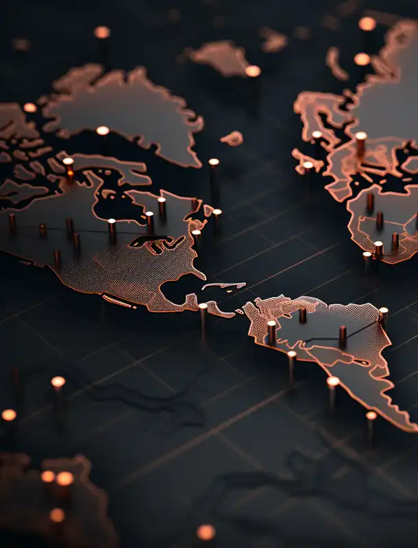 A world map with copper pins featuring Managed Service Providers (MSP) Marketing.