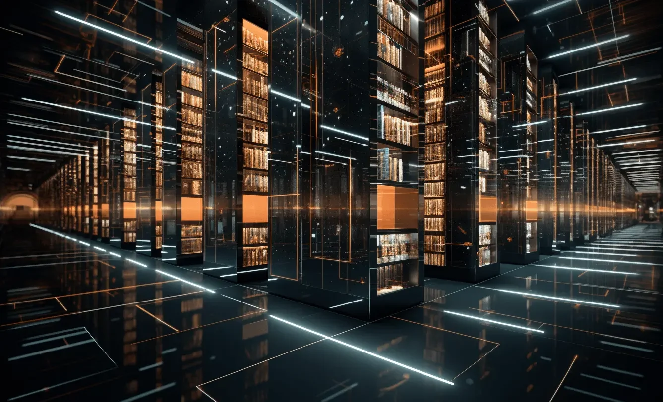 A 3D rendering of a data storage room for web design services.